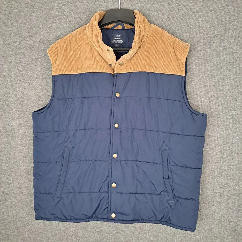 J.Crew Men's Puffer Vest Navy‎ Blue with Brown Corduroy Trim Size XL